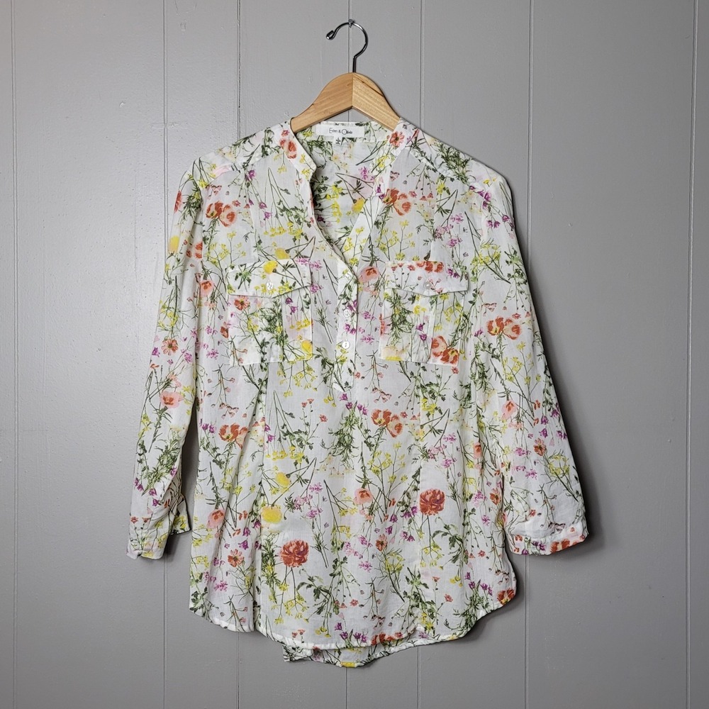 EDEN & OLIVIA WHITE BOTANICLA FLORAL PRINT HALF BUTTON TUNIC TOP WOMENS LARGE